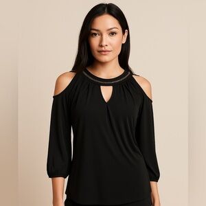 Tempted Hearts LA Cold Shoulder Top Black Size M Lace Back & Braided Neck Detail